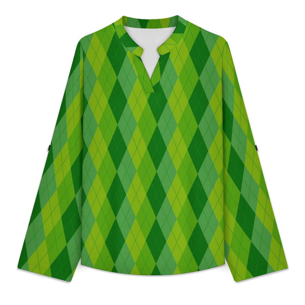 Stand-up Collar Long-sleeved Shirt Green, Rhombic  Customization Women’s V-Neck Blouses,long Sleeve,Roll-Up Sleeve Shirt