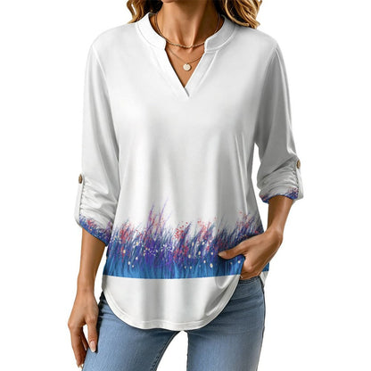 Stand-up Collar Long-sleeved Shirt Blue, Grass  Customization Women’s V-Neck Blouses,long Sleeve,Roll-Up Sleeve Shirt