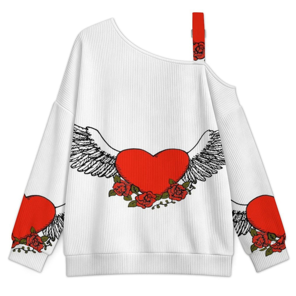 Off-the-shoulder Sweater Wing Heart  Asymmetric Cold Shoulder Knit Sweater for Women, Adjustable Buckle Strap Long Sleeve Casual Slouchy Pullover
