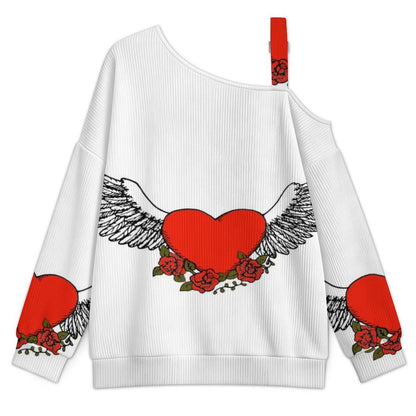 Off-the-shoulder Sweater Wing Heart  Asymmetric Cold Shoulder Knit Sweater for Women, Adjustable Buckle Strap Long Sleeve Casual Slouchy Pullover