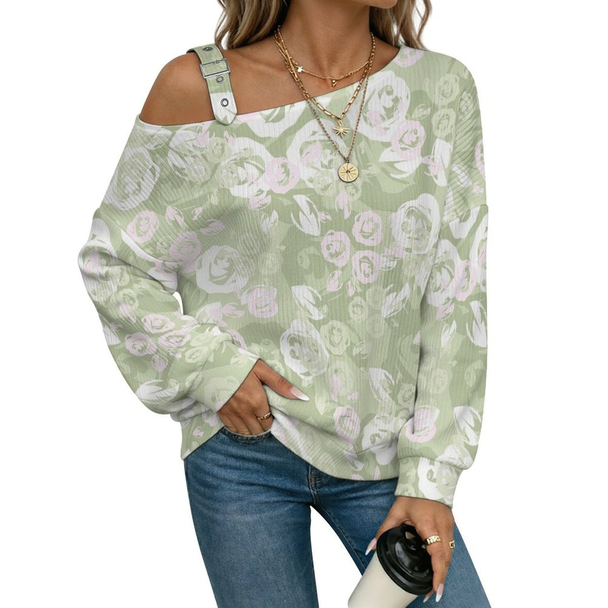Off-the-shoulder Sweater Flowers Background  Asymmetric Cold Shoulder Knit Sweater for Women, Adjustable Buckle Strap Long Sleeve Casual Slouchy Pullover
