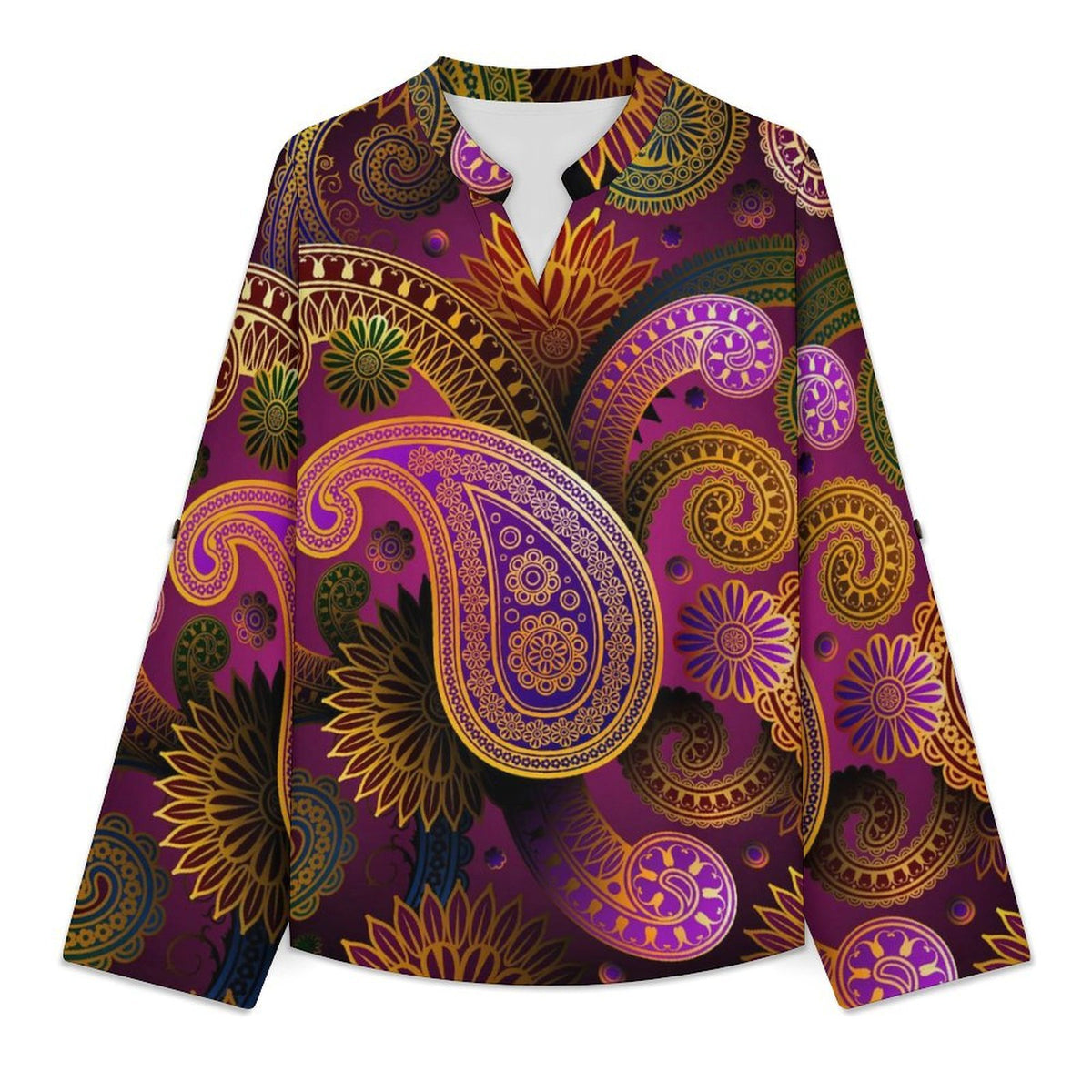 Stand-up Collar Long-sleeved Shirt Paisley  Customization Women’s V-Neck Blouses,long Sleeve,Roll-Up Sleeve Shirt