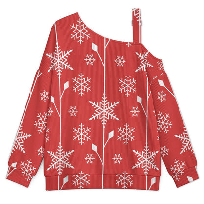 Off-the-shoulder Sweater Snowflake Red Tile Repeat  Asymmetric Cold Shoulder Knit Sweater for Women, Adjustable Buckle Strap Long Sleeve Casual Slouchy Pullover