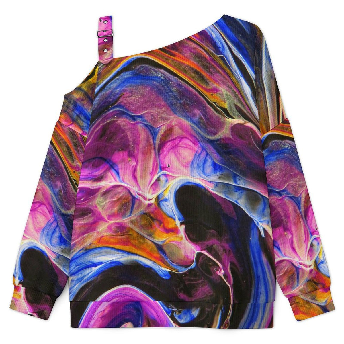 Off-the-shoulder Sweater Color Shading, Pattern, Abstract  Asymmetric Cold Shoulder Knit Sweater for Women, Adjustable Buckle Strap Long Sleeve Casual Slouchy Pullover