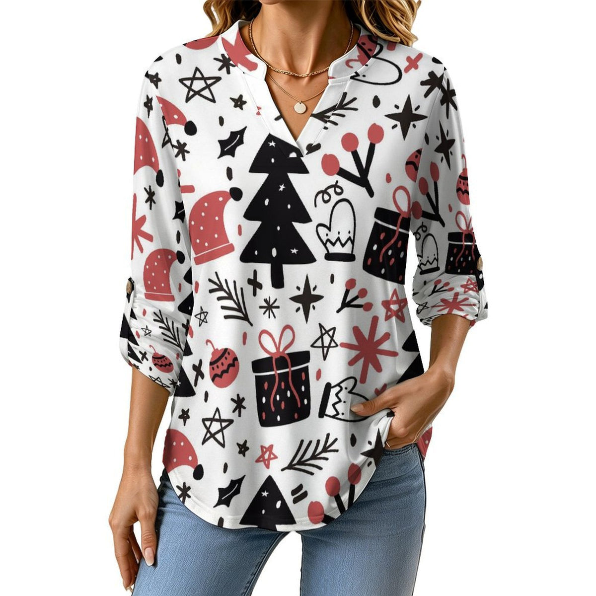 Christmas, Tree, Christmas Hat  Versatile Notched V-Neck Tunic | Roll Tab 3/4 Sleeve Office Casual Top