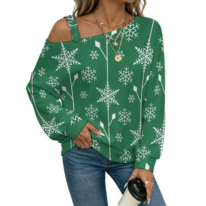 Fall Casual Asymmetric Shoulder Knit Top with Buckle Detail Snowflake Green Tile Repeat