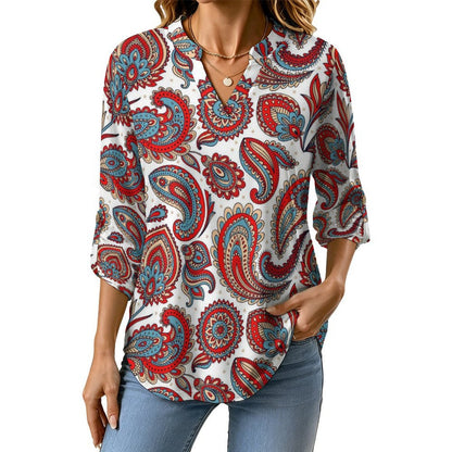 Paisley  Versatile Notched V-Neck Tunic | Roll Tab 3/4 Sleeve Office Casual Top