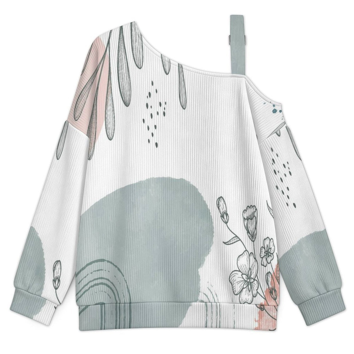 Off-the-shoulder Sweater Ink Painting, Flowers, Leaves  Asymmetric Cold Shoulder Knit Sweater for Women, Adjustable Buckle Strap Long Sleeve Casual Slouchy Pullover