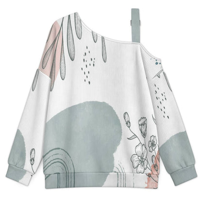 Off-the-shoulder Sweater Ink Painting, Flowers, Leaves  Asymmetric Cold Shoulder Knit Sweater for Women, Adjustable Buckle Strap Long Sleeve Casual Slouchy Pullover