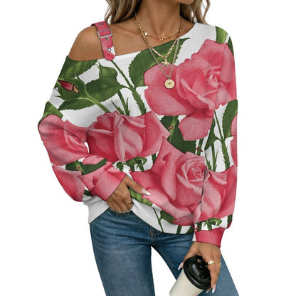 Off-the-shoulder Sweater Chinese Rose  Asymmetric Cold Shoulder Knit Sweater for Women, Adjustable Buckle Strap Long Sleeve Casual Slouchy Pullover