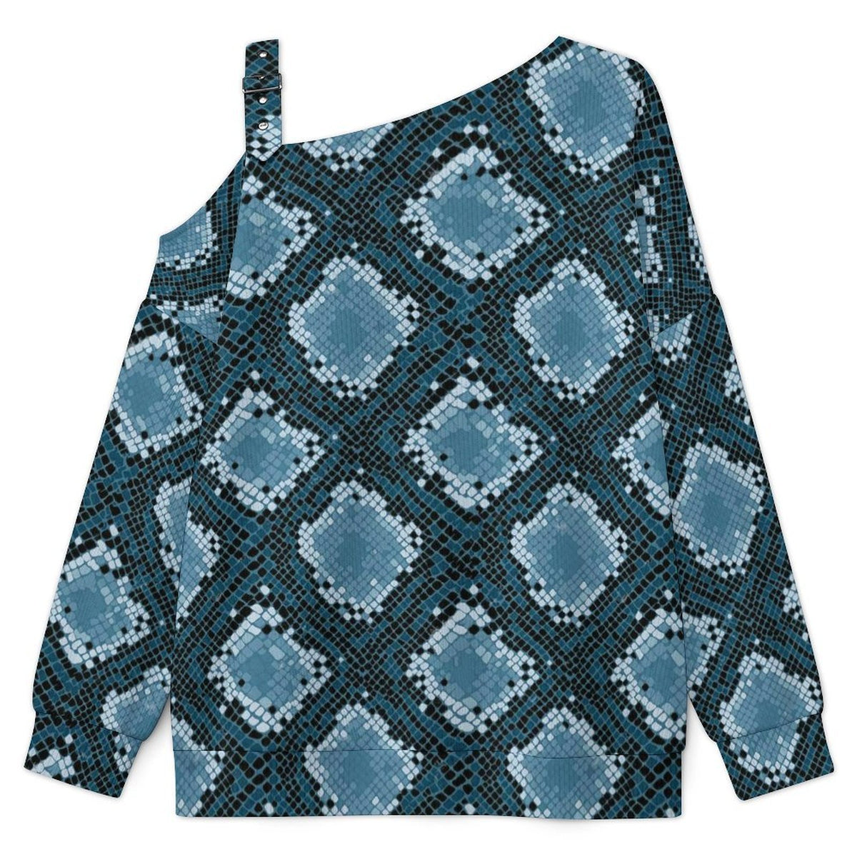 Fall Casual Asymmetric Shoulder Knit Top with Buckle Detail Snakeskin Pattern, Repeating Pattern