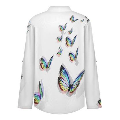 Stand-up Collar Long-sleeved Shirt Colorful Butterfly  Customization Women’s V-Neck Blouses,long Sleeve,Roll-Up Sleeve Shirt
