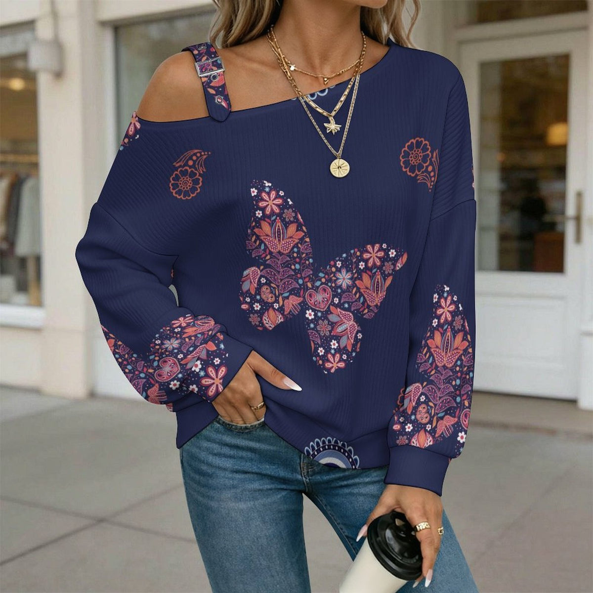 Off-the-shoulder Sweater Paisley Texture Butterfly Repeat Tile Texture  Asymmetric Cold Shoulder Knit Sweater for Women, Adjustable Buckle Strap Long Sleeve Casual Slouchy Pullover