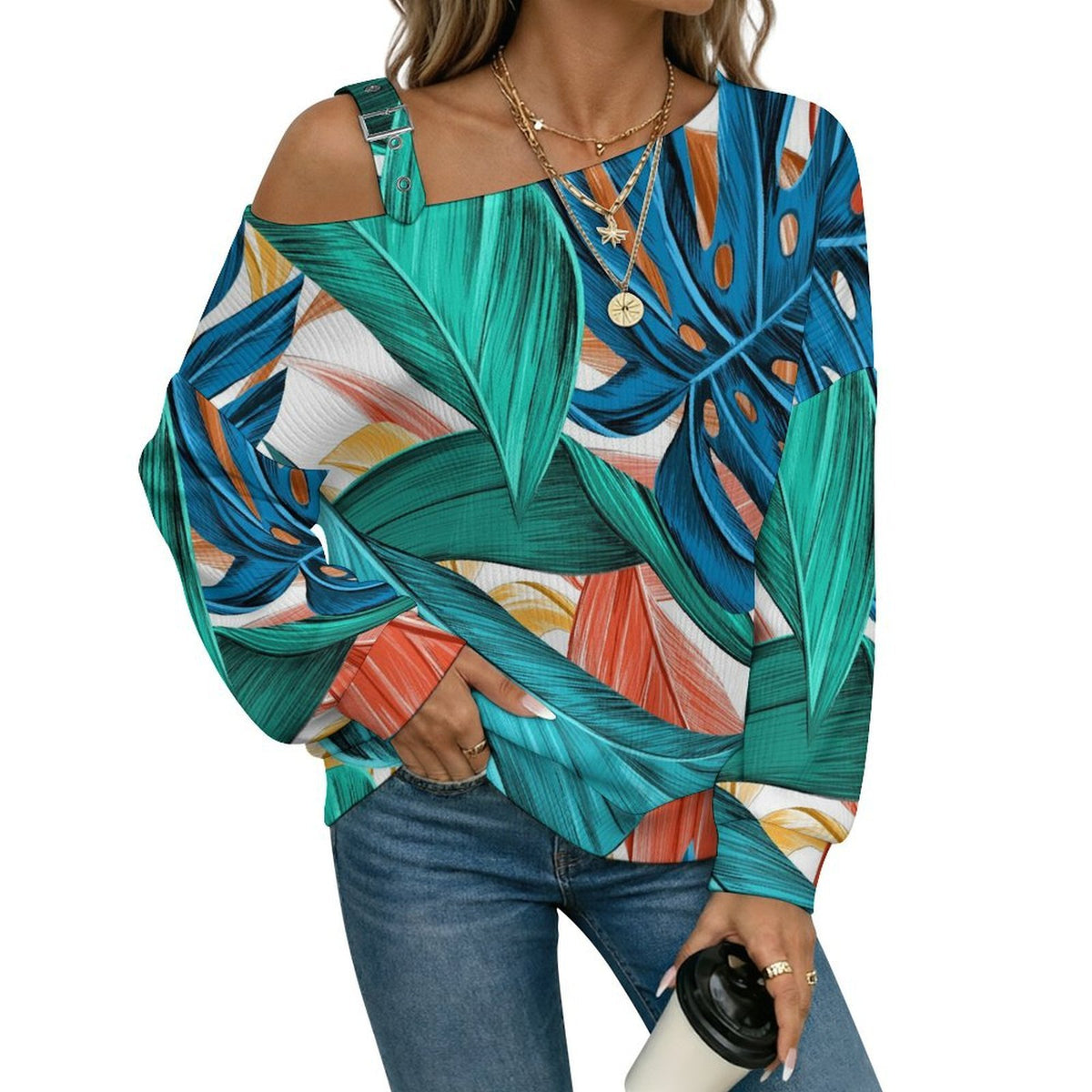 Off-the-shoulder Sweater Leaves  Asymmetric Cold Shoulder Knit Sweater for Women, Adjustable Buckle Strap Long Sleeve Casual Slouchy Pullover