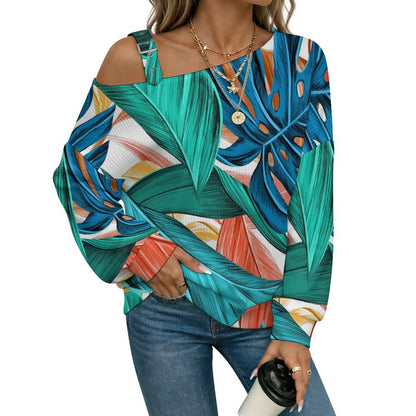 Off-the-shoulder Sweater Leaves  Asymmetric Cold Shoulder Knit Sweater for Women, Adjustable Buckle Strap Long Sleeve Casual Slouchy Pullover