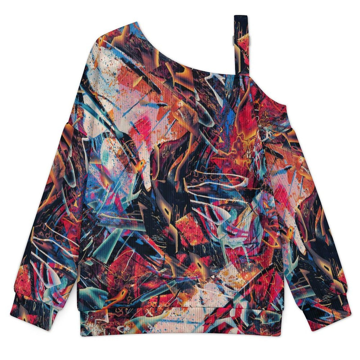 Off-the-shoulder Sweater Abstract, Graffiti  Asymmetric Cold Shoulder Knit Sweater for Women, Adjustable Buckle Strap Long Sleeve Casual Slouchy Pullover