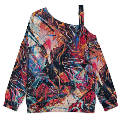 Off-the-shoulder Sweater Abstract, Graffiti  Asymmetric Cold Shoulder Knit Sweater for Women, Adjustable Buckle Strap Long Sleeve Casual Slouchy Pullover