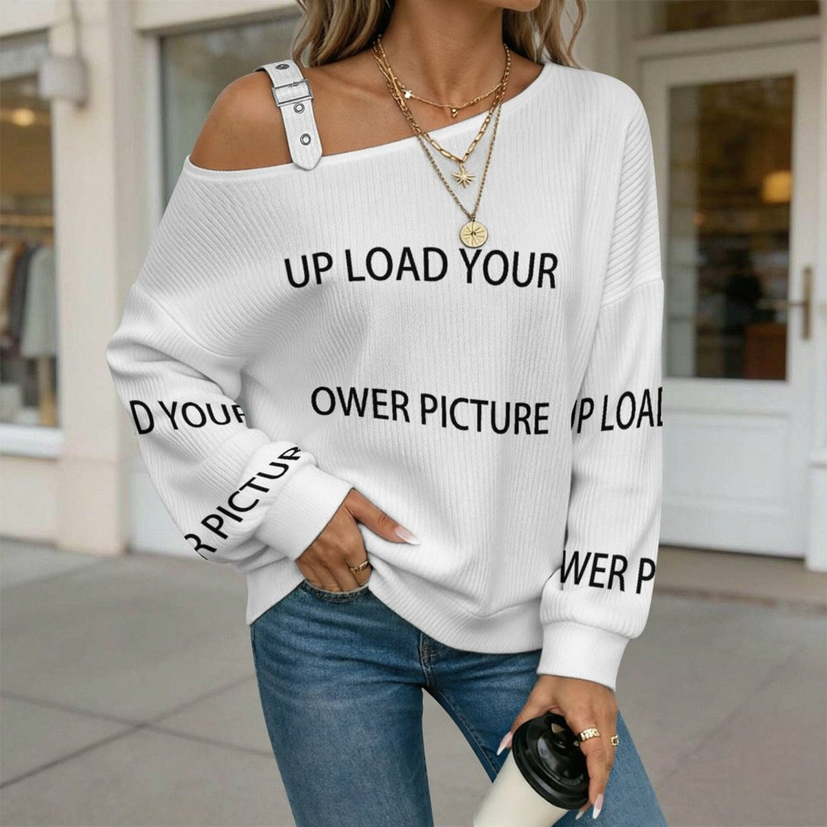Off-the-shoulder Sweater UPLOAD  Asymmetric Cold Shoulder Knit Sweater for Women, Adjustable Buckle Strap Long Sleeve Casual Slouchy Pullover