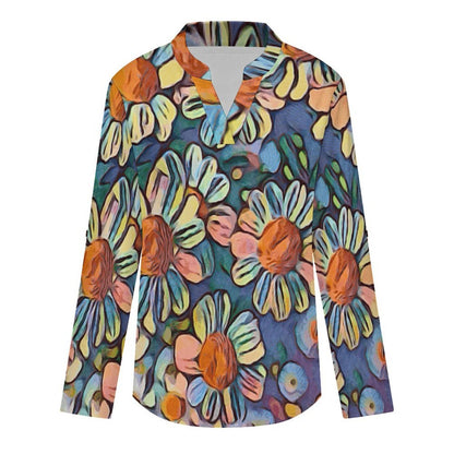 Roll Tab 3/4 Sleeve Notched V Neck Tunic Blouse  Oil Painting, Flowers, Sunflowers