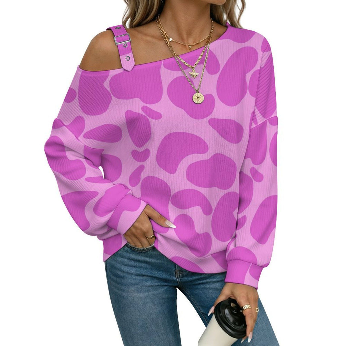 Off-the-shoulder Sweater Pattern-Cow-pink-Repeat  Asymmetric Cold Shoulder Knit Sweater for Women, Adjustable Buckle Strap Long Sleeve Casual Slouchy Pullover
