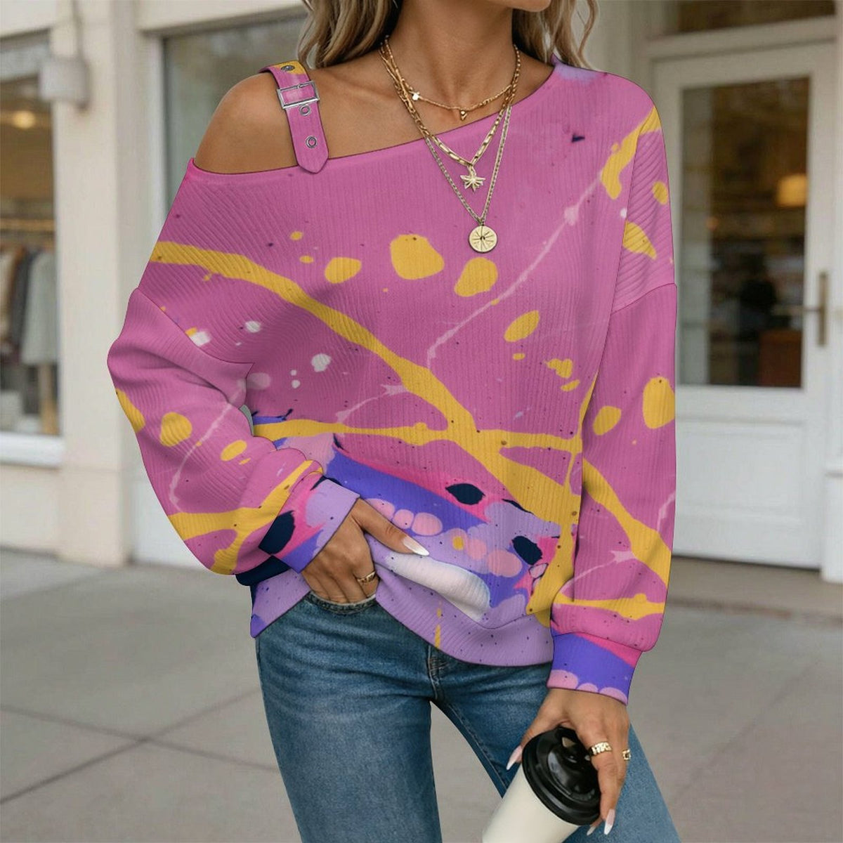 Off-the-shoulder Sweater Shading, Pattern, Abstract  Asymmetric Cold Shoulder Knit Sweater for Women, Adjustable Buckle Strap Long Sleeve Casual Slouchy Pullover