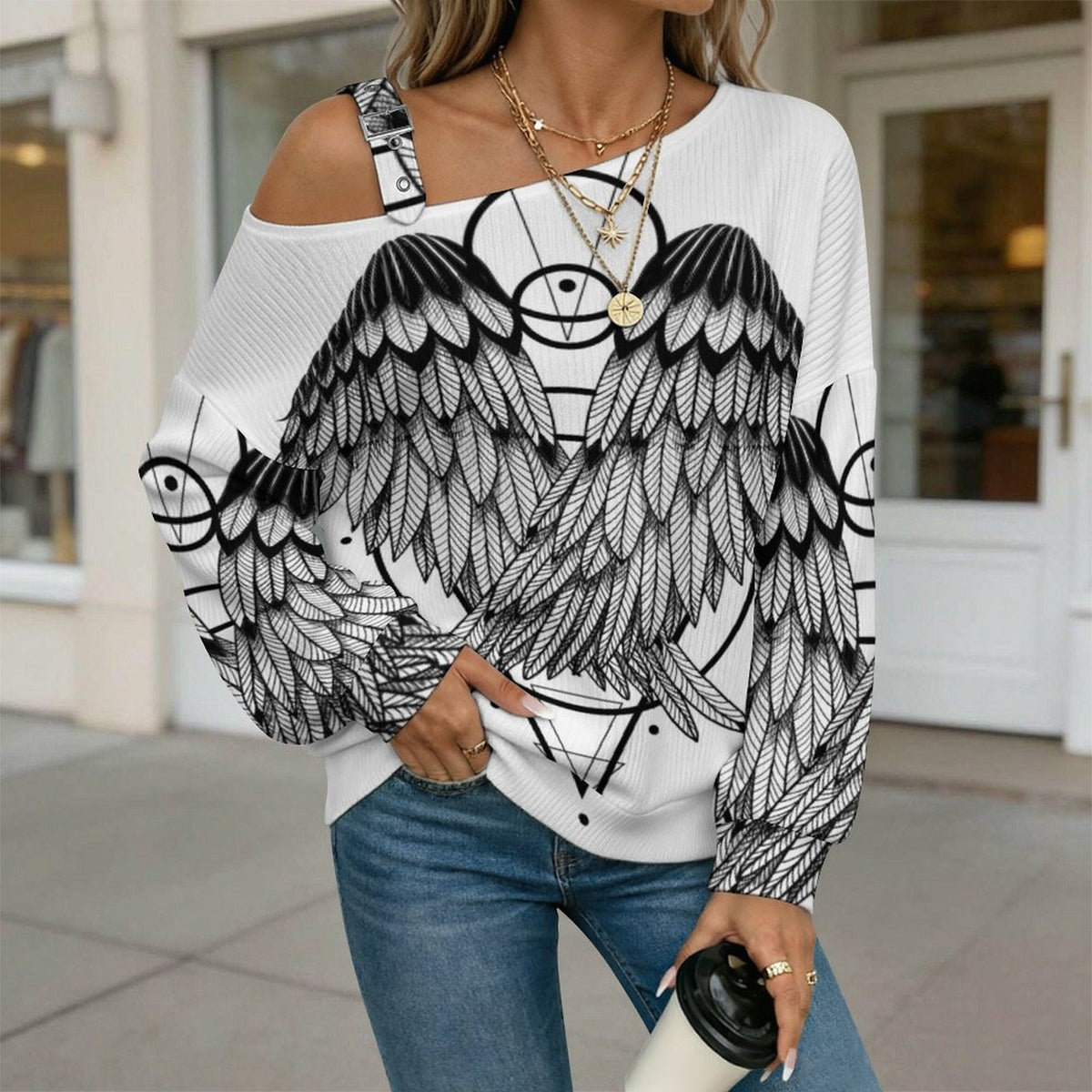 Off-the-shoulder Sweater Wing  Asymmetric Cold Shoulder Knit Sweater for Women, Adjustable Buckle Strap Long Sleeve Casual Slouchy Pullover