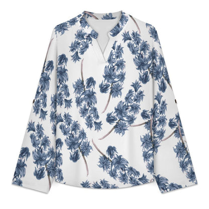 Stand-up Collar Long-sleeved Shirt Purple Flowers, Repeating Pattern  Customization Women’s V-Neck Blouses,long Sleeve,Roll-Up Sleeve Shirt