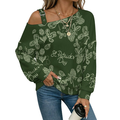 St. Patrick's Day, Wreath Fall Casual Asymmetric Shoulder Knit Top with Buckle Detail