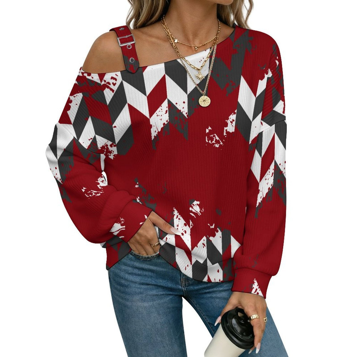 Fall Casual Asymmetric Shoulder Knit Top with Buckle Detail Stripe Line Pattern