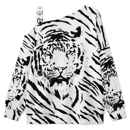 Off-the-shoulder Sweater Black And White Painting, Vigilant Tiger  Asymmetric Cold Shoulder Knit Sweater for Women, Adjustable Buckle Strap Long Sleeve Casual Slouchy Pullover