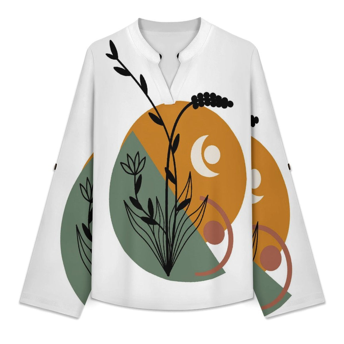 Stand-up Collar Long-sleeved Shirt Chinese Wind Scenery  Customization Women’s V-Neck Blouses,long Sleeve,Roll-Up Sleeve Shirt