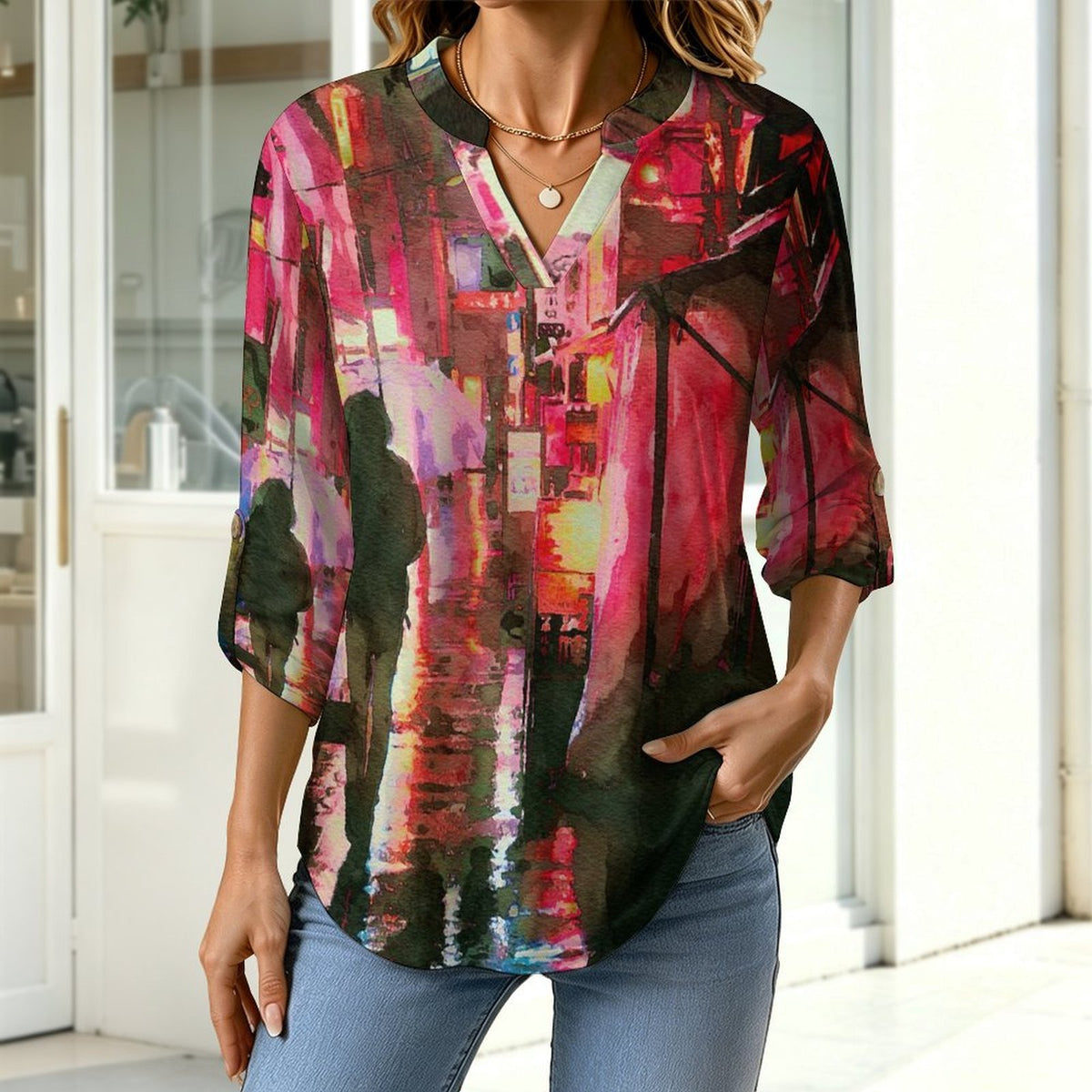 Stand-up Collar Long-sleeved Shirt Watercolor Painting, Late at Night, Lonely  Customization Women’s V-Neck Blouses,long Sleeve,Roll-Up Sleeve Shirt