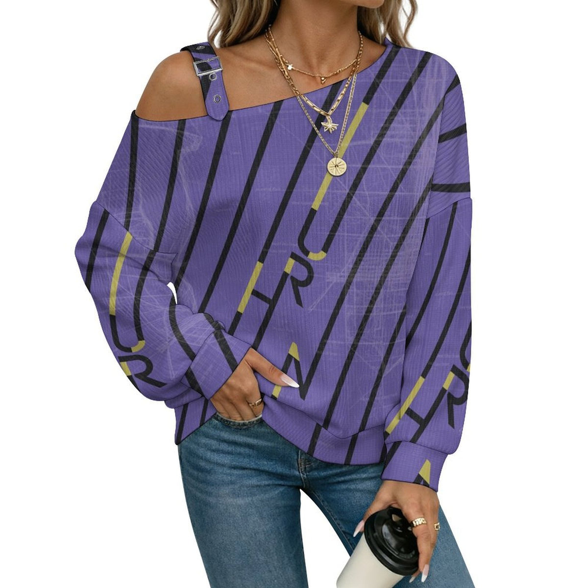 Off-the-shoulder Sweater Purple Stripe  Asymmetric Cold Shoulder Knit Sweater for Women, Adjustable Buckle Strap Long Sleeve Casual Slouchy Pullover