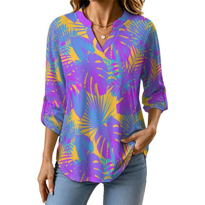 Stand-up Collar Long-sleeved Shirt Plant Summer  Customization Women’s V-Neck Blouses,long Sleeve,Roll-Up Sleeve Shirt