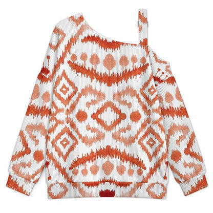 Off-the-shoulder Sweater European Retro Pattern  Asymmetric Cold Shoulder Knit Sweater for Women, Adjustable Buckle Strap Long Sleeve Casual Slouchy Pullover
