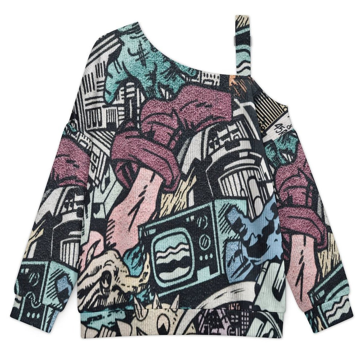 Off-the-shoulder Sweater Trendy Graffiti  Asymmetric Cold Shoulder Knit Sweater for Women, Adjustable Buckle Strap Long Sleeve Casual Slouchy Pullover
