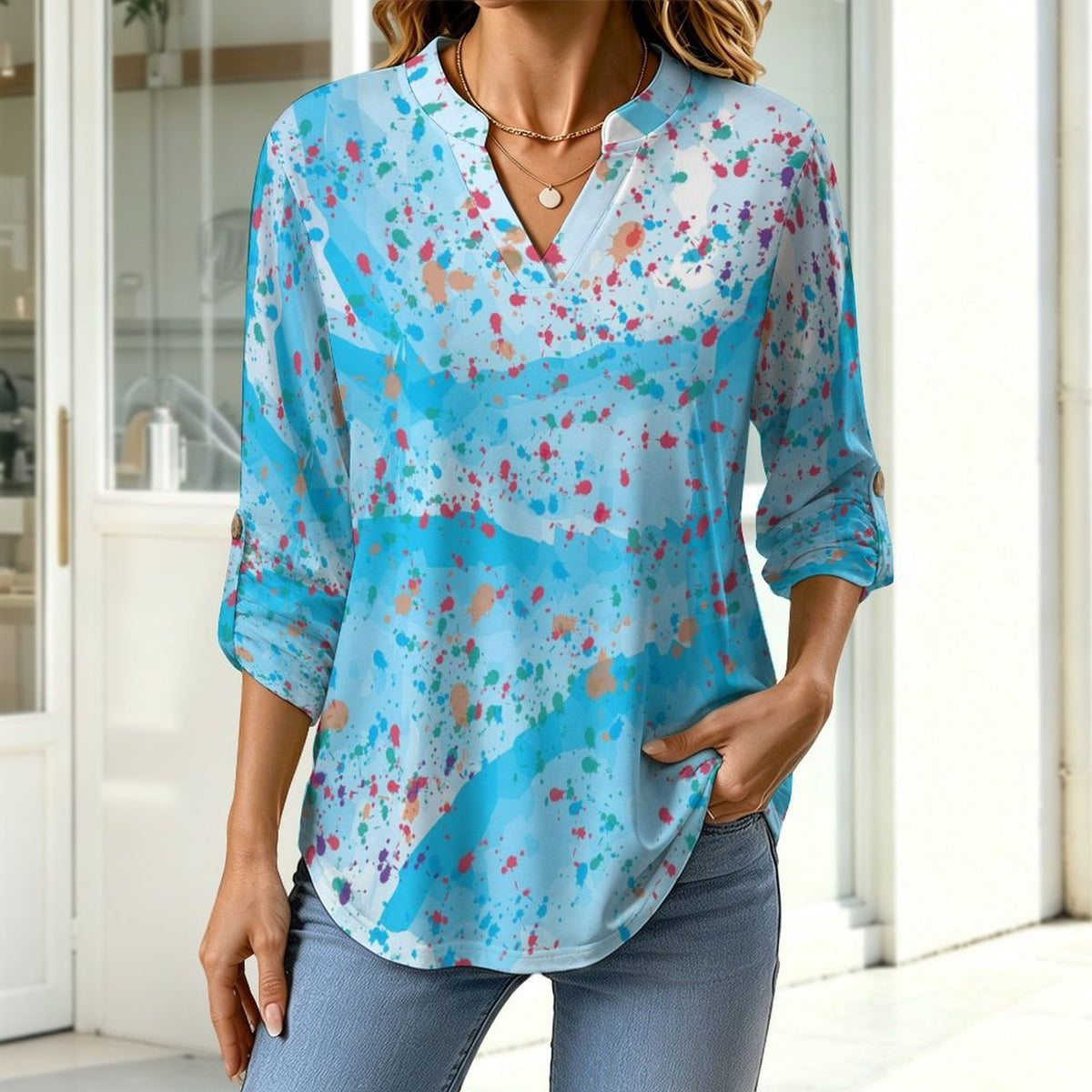 Stand-up Collar Long-sleeved Shirt Watercolor  Color Dot Bull  Customization Women’s V-Neck Blouses,long Sleeve,Roll-Up Sleeve Shirt