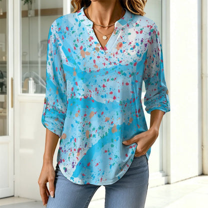 Stand-up Collar Long-sleeved Shirt Watercolor  Color Dot Bull  Customization Women’s V-Neck Blouses,long Sleeve,Roll-Up Sleeve Shirt