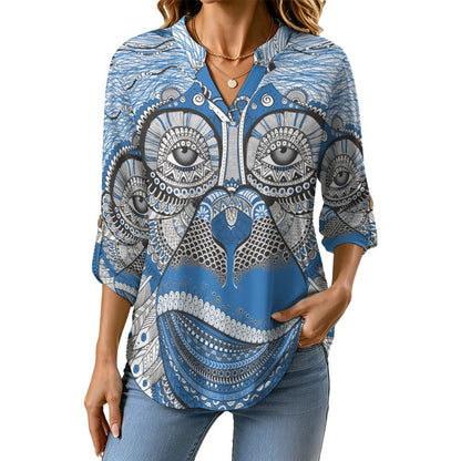 Roll Tab 3/4 Sleeve Notched V Neck Tunic Blouse  Blue, Monkey
