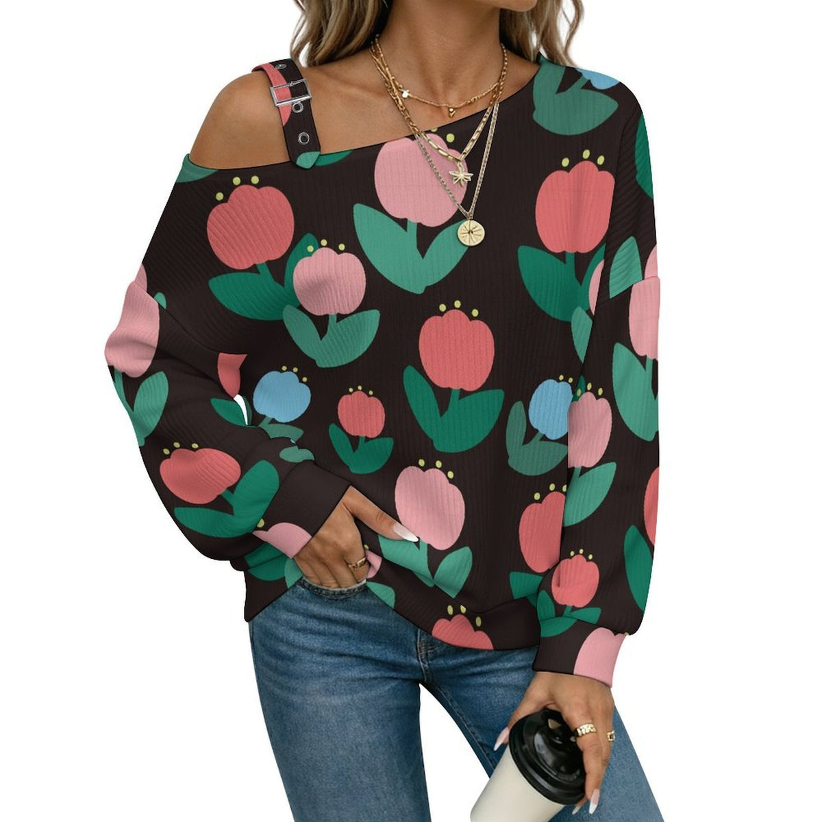 Off-the-shoulder Sweater Tulip-flower-pattern-black  Asymmetric Cold Shoulder Knit Sweater for Women, Adjustable Buckle Strap Long Sleeve Casual Slouchy Pullover