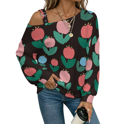 Off-the-shoulder Sweater Tulip-flower-pattern-black  Asymmetric Cold Shoulder Knit Sweater for Women, Adjustable Buckle Strap Long Sleeve Casual Slouchy Pullover