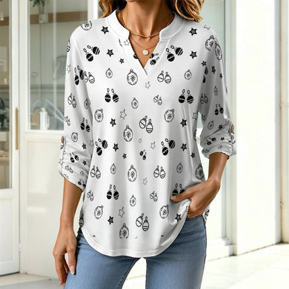 Stand-up Collar Long-sleeved Shirt Black And White, Stars, Bells  Customization Women’s V-Neck Blouses,long Sleeve,Roll-Up Sleeve Shirt