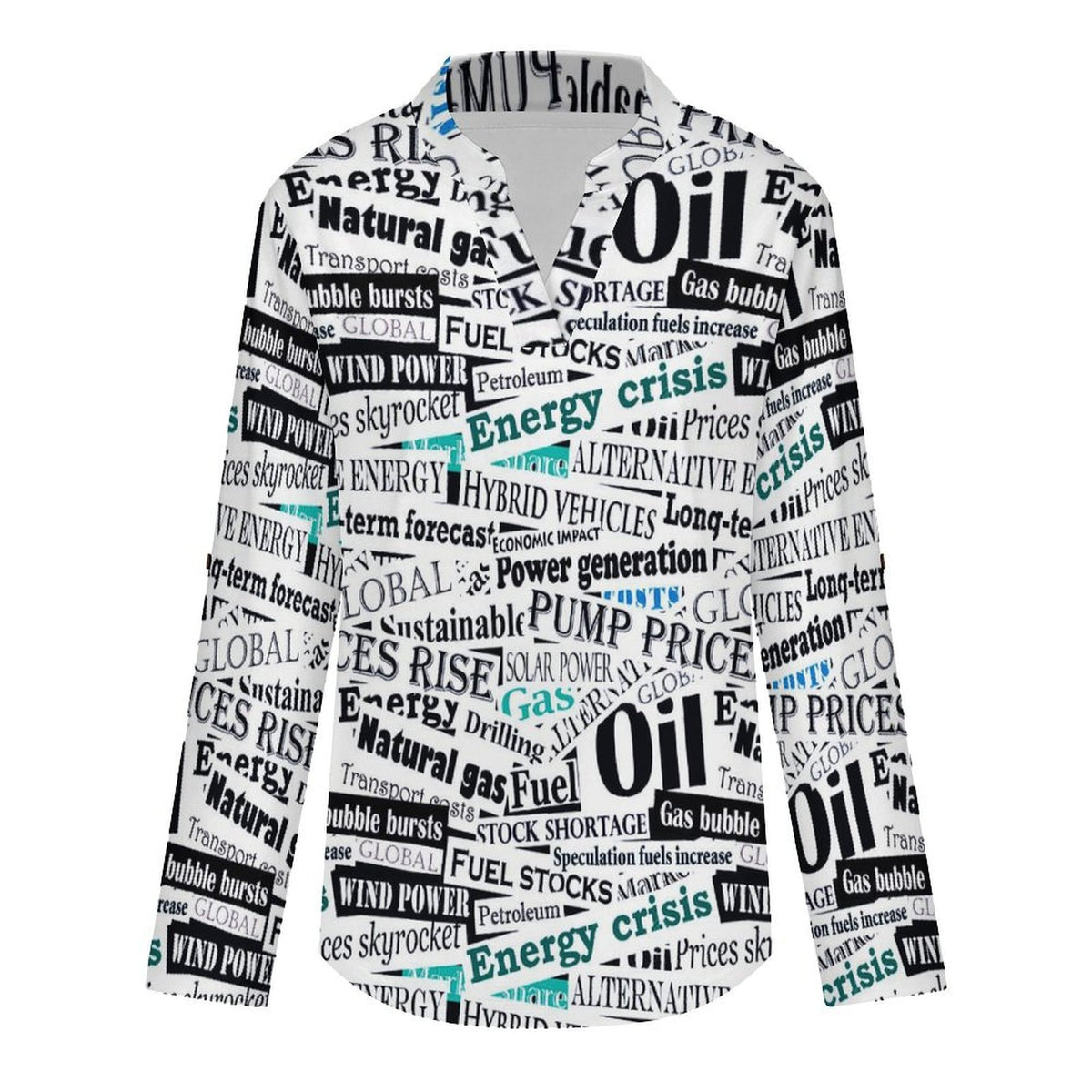 Stand-up Collar Long-sleeved Shirt Newspaper, Repeating Pattern  Customization Women’s V-Neck Blouses,long Sleeve,Roll-Up Sleeve Shirt
