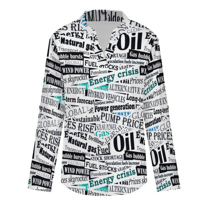 Stand-up Collar Long-sleeved Shirt Newspaper, Repeating Pattern  Customization Women’s V-Neck Blouses,long Sleeve,Roll-Up Sleeve Shirt