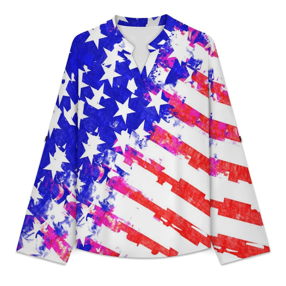 Stand-up Collar Long-sleeved Shirt Blue And Red,United States  Customization Women’s V-Neck Blouses,long Sleeve,Roll-Up Sleeve Shirt