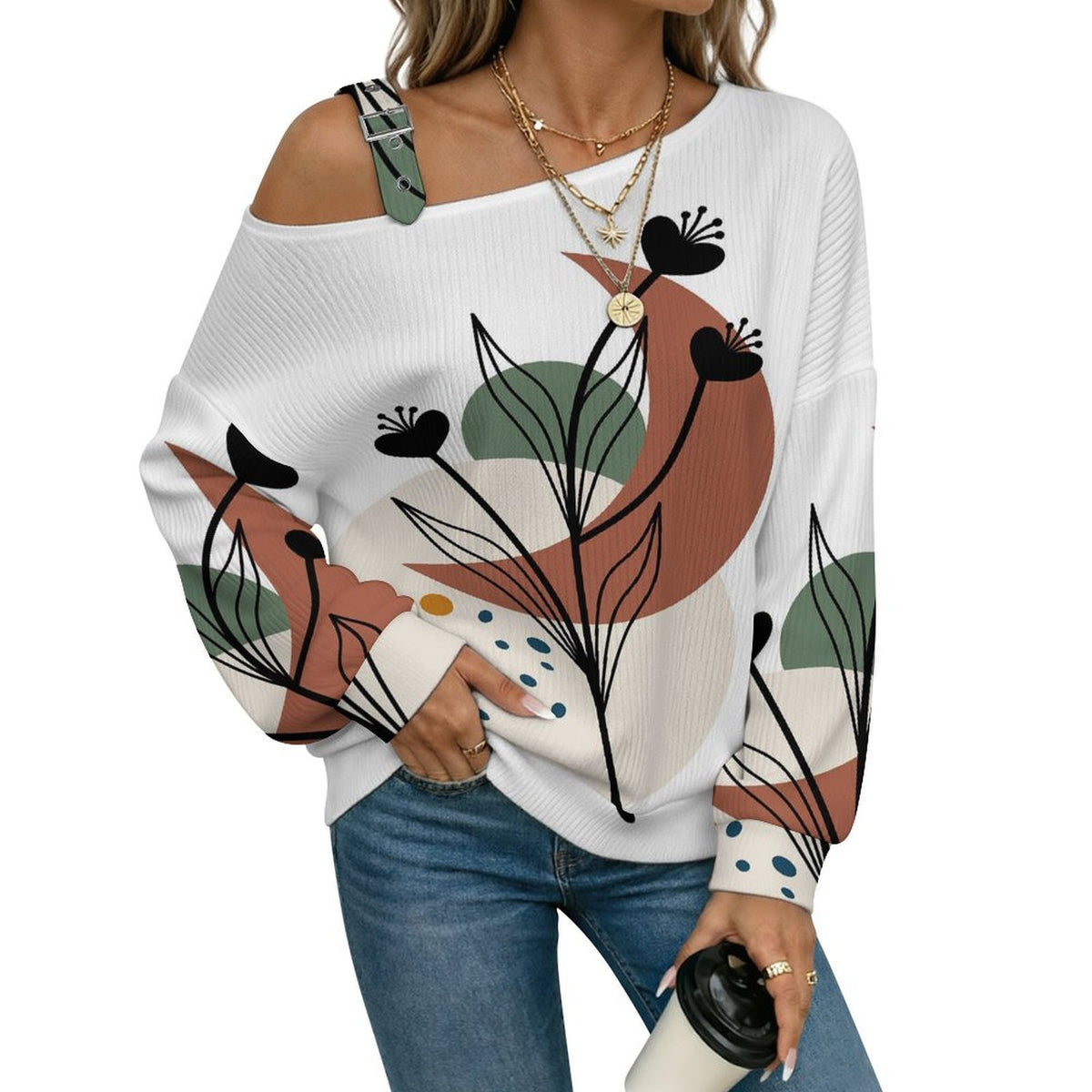 Women’s Off-Shoulder Knit Sweater Chinese Wind Scenery