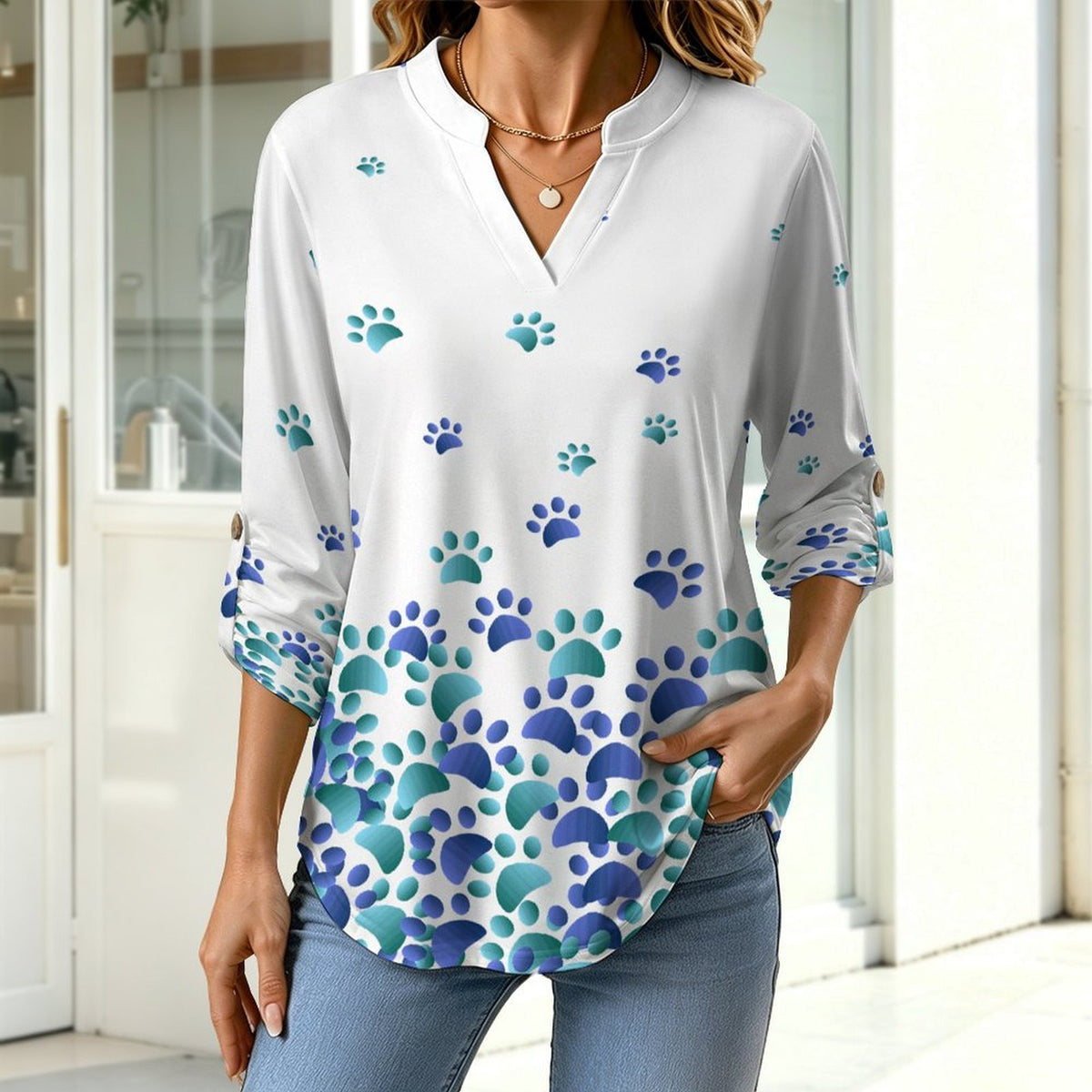 Dog Footprints Dress Blue  Versatile Notched V-Neck Tunic | Roll Tab 3/4 Sleeve Office Casual Top