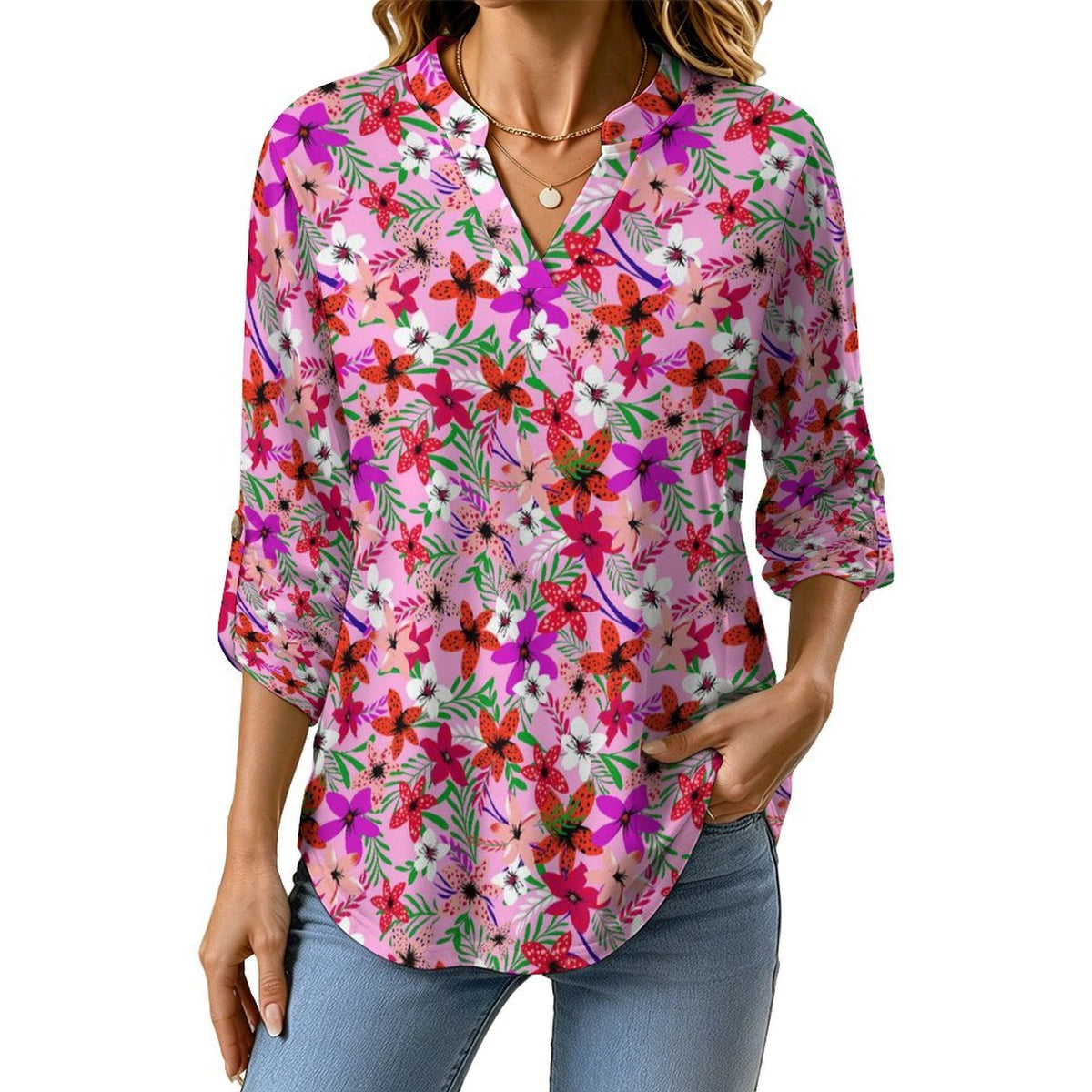 Flower Pattern  Versatile Notched V-Neck Tunic | Roll Tab 3/4 Sleeve Office Casual Top