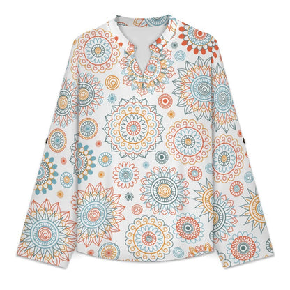 Repetitive Pattern  Versatile Notched V-Neck Tunic | Roll Tab 3/4 Sleeve Office Casual Top