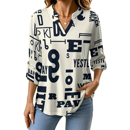 Stand-up Collar Long-sleeved Shirt Black And White, Notes, Newspapers white S Women’s V-Neck Blouses